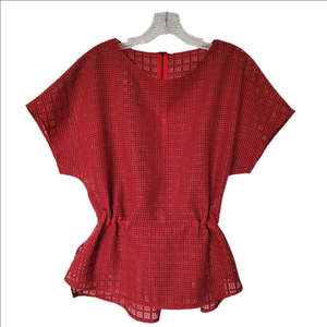 AKRIS Perforared Red Peplum Waist Short Sleeve Top